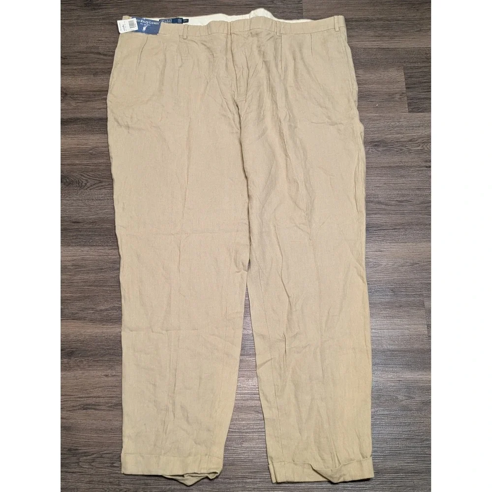 Polo Ralph Lauren‎ Mens Big and Tall 54x34 Tan 100% Linen Pleated Cuffed Pants